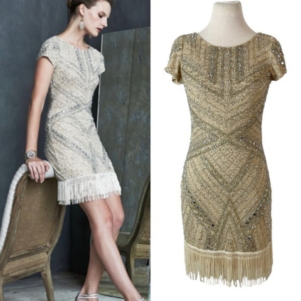 Aidan Mattox fringe beaded cocktail dress size 6 cream ivory 
Style # 5632433